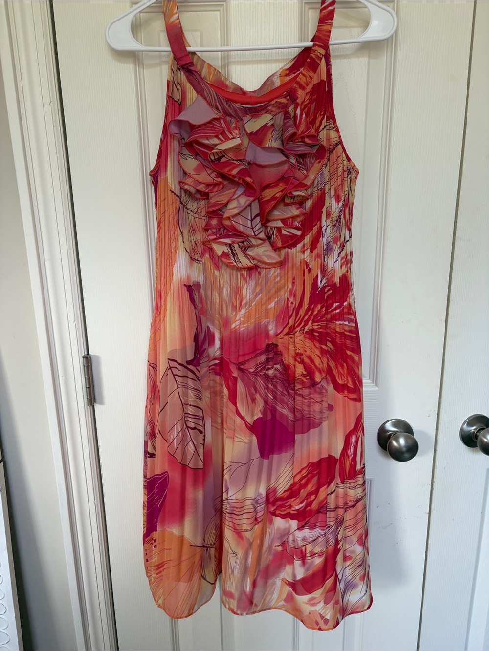 Amanda Lane Coral Pink & Orange Floral Ruffle Midi Dress